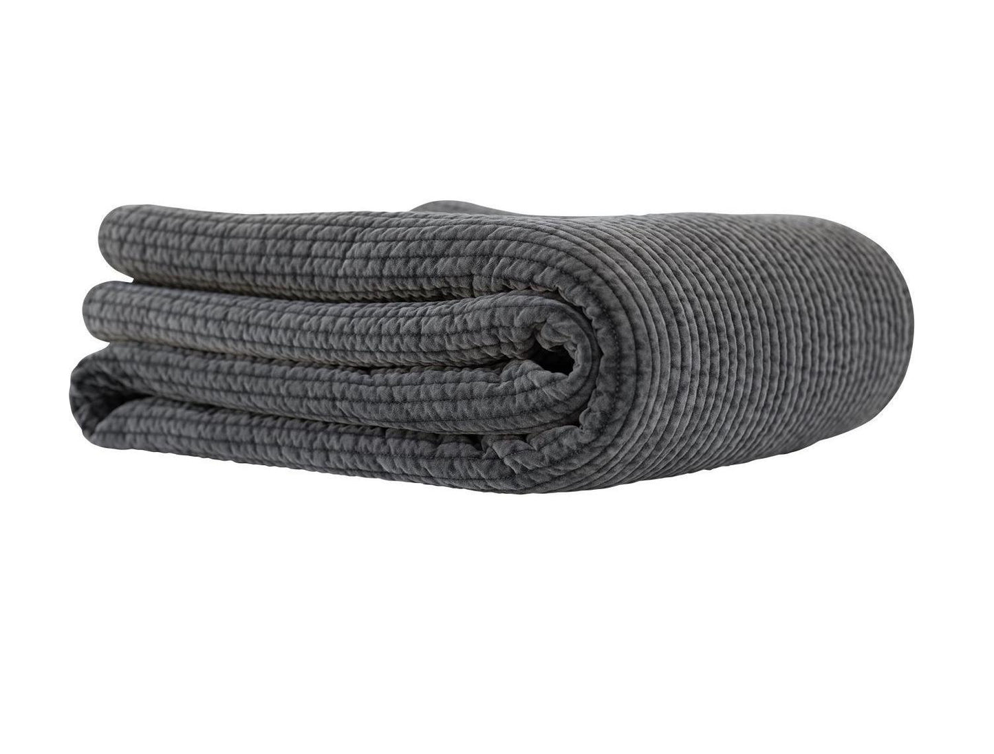 Textured grey quilt on a white background