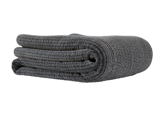 Textured grey quilt on a white background
