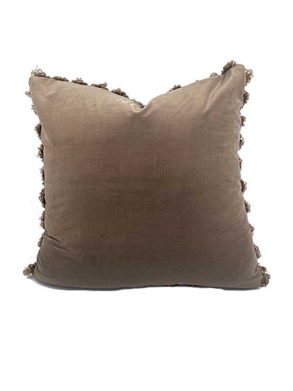 Caramel colour velvet scatter cushion back view with decorative scalloped trim on a white background