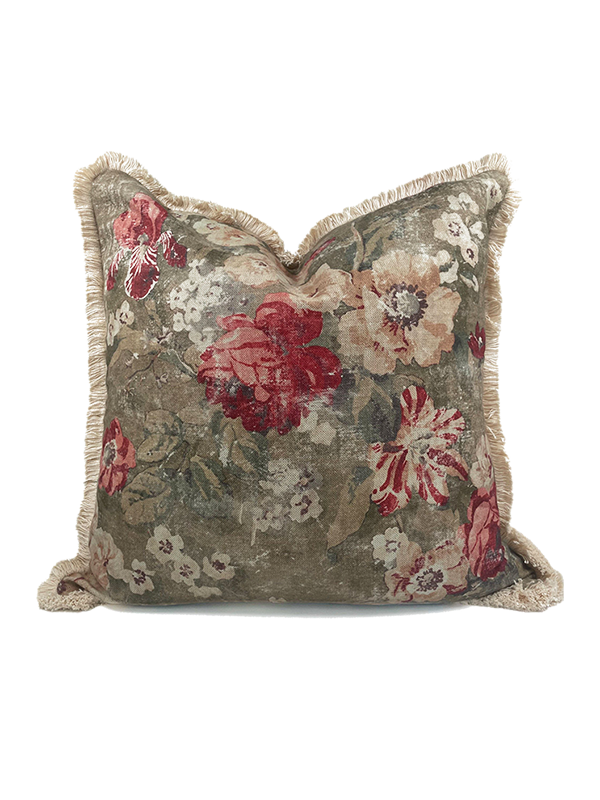 Floral patterned linen scatter cushion with red and beige flowers on a gray background