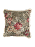 Floral patterned linen scatter cushion with fringes on a white background