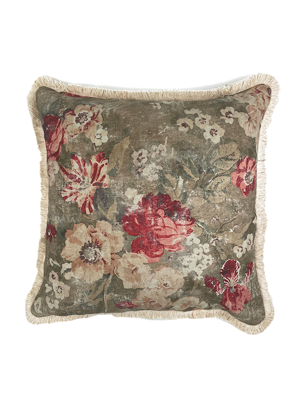 Floral patterned linen scatter cushion with fringes on a white background