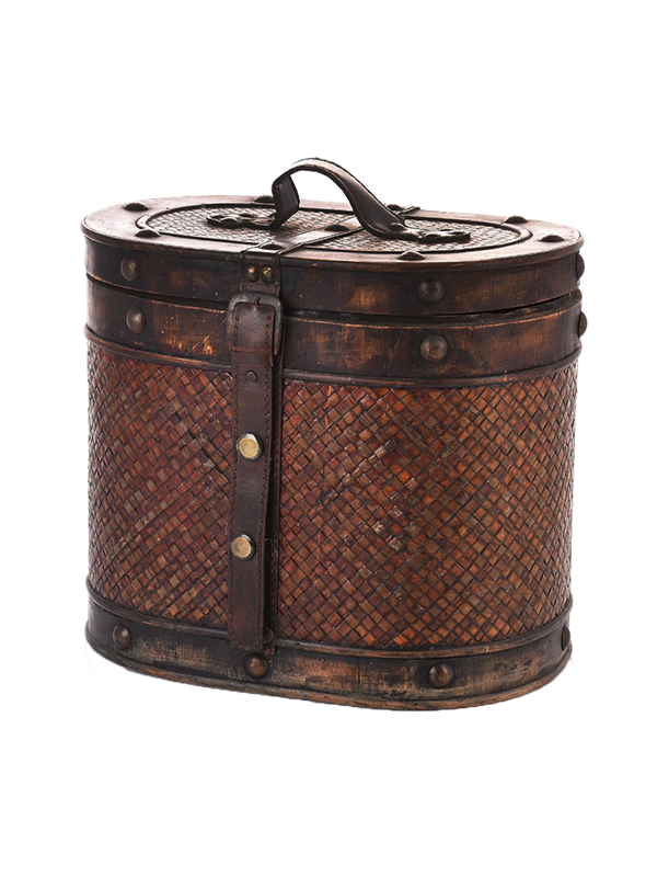 Vintage-style wooden box with metal accents on a white background