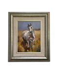 Framed oil painting of a white horse in a field