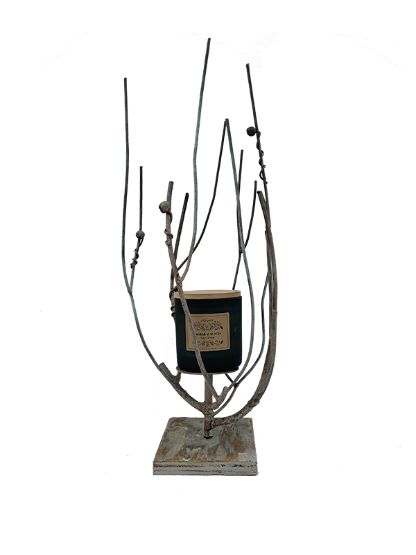 Decorative branch candle holder with natural elements on a white background