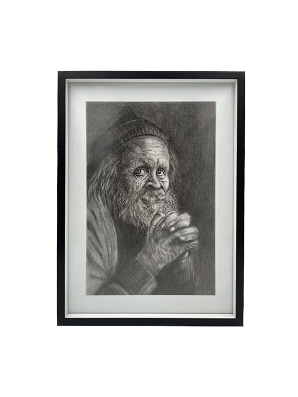 Framed black and white portrait of an elderly man with a beard.